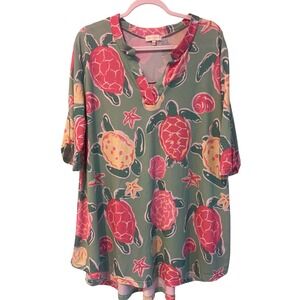 Resort Vacation Sea Turtle Print Tunic Top/Cover Up Green Pink XL Short Sleeve
